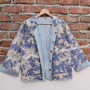 Cotton Quilted Jacket Women Wear Front Open Kimono Stripe piping HandMade Vintage Quilted Jacket , Coats , New Style, Boho double side wear