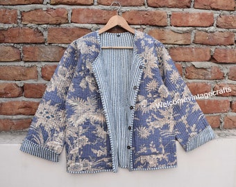 Cotton Quilted Jacket Women Wear Front Open Kimono Stripe piping HandMade Vintage Quilted Jacket , Coats , New Style, Boho double side wear