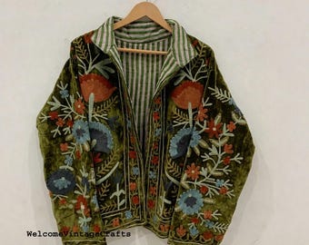 Chaqueta verde bordada con flores, interior de terciopelo y algodón, estilo boho, abrigo de invierno, ropa urbana, bomber, chaqueta reversible boho para mujer.