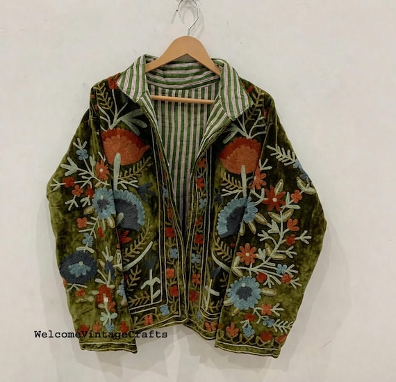 Green Embroidery floral Jackets Velvet inner Cotton Bohemian Style Winter Coat Street wear Bomber Boho Reversible Jacket for Women fashion