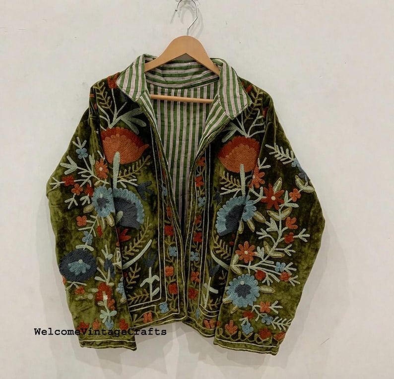 Green Embroidery floral Jackets Velvet inner Cotton Bohemian Style Winter Coat Street wear Bomber Boho Reversible Jacket for Women fashion Green