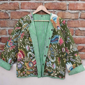 Cotton Quilted Jacket Women Wear Front Open Kimono Stripe piping HandMade Vintage Quilted Jacket , Coats , New Style, Boho double side wear