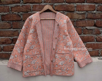Block Printed Reversible Cotton Quilted Jacket long sleeve HandMade Vintage  Boho double side Reversible Short Length Front Tie Open Jacket