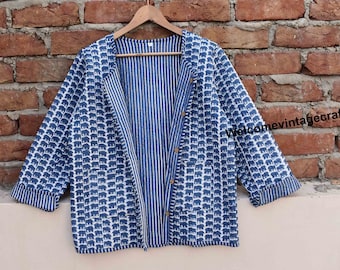 Elephant print Blue Quilted Jacket Women Wear Front Open Kimono Stripe piping HandMade Vintage Quilted Jacket , Coats, Boho double side wear