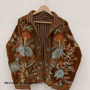 Green Embroidery floral Jackets Velvet inner Cotton Bohemian Style Winter Coat Street wear Bomber Boho Reversible Jacket for Women fashion Brown