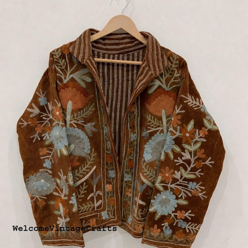 Green Embroidery floral Jackets Velvet inner Cotton Bohemian Style Winter Coat Street wear Bomber Boho Reversible Jacket for Women fashion Brown