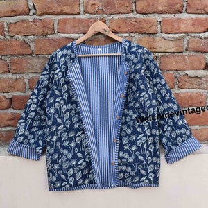 Cotton Quilted Jacket Women Wear Front Open Kimono Stripe piping HandMade Vintage Quilted Jacket , Coats , New Style, Boho double side wear Blue