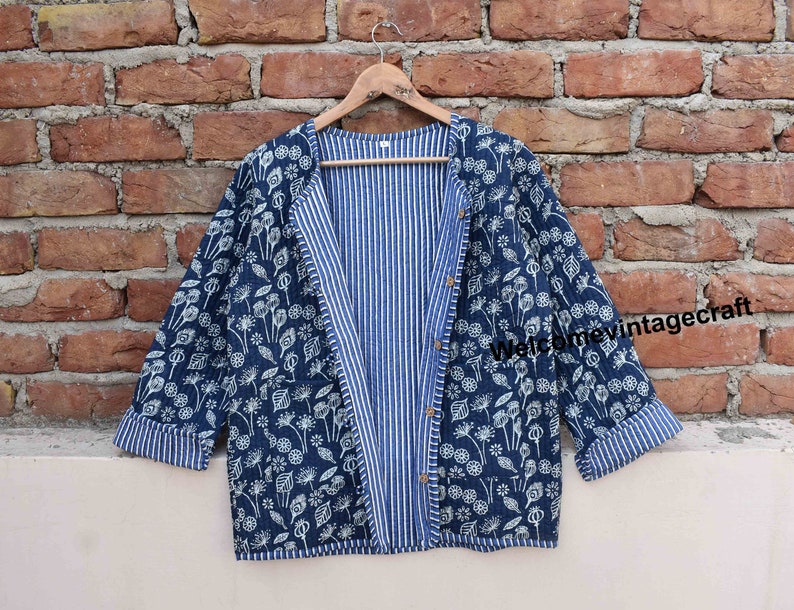 Cotton Quilted Jacket Women Wear Front Open Kimono Stripe piping HandMade Vintage Quilted Jacket , Coats , New Style, Boho double side wear Niebieski