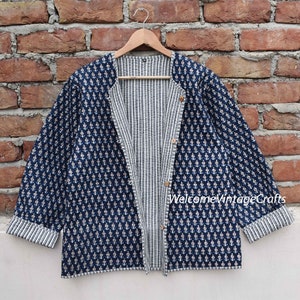 Cotton Quilted Jacket Women Wear Front Open Kimono Stripe piping HandMade Vintage Quilted Jacket , Coats , New Style, Boho double side wear Blue