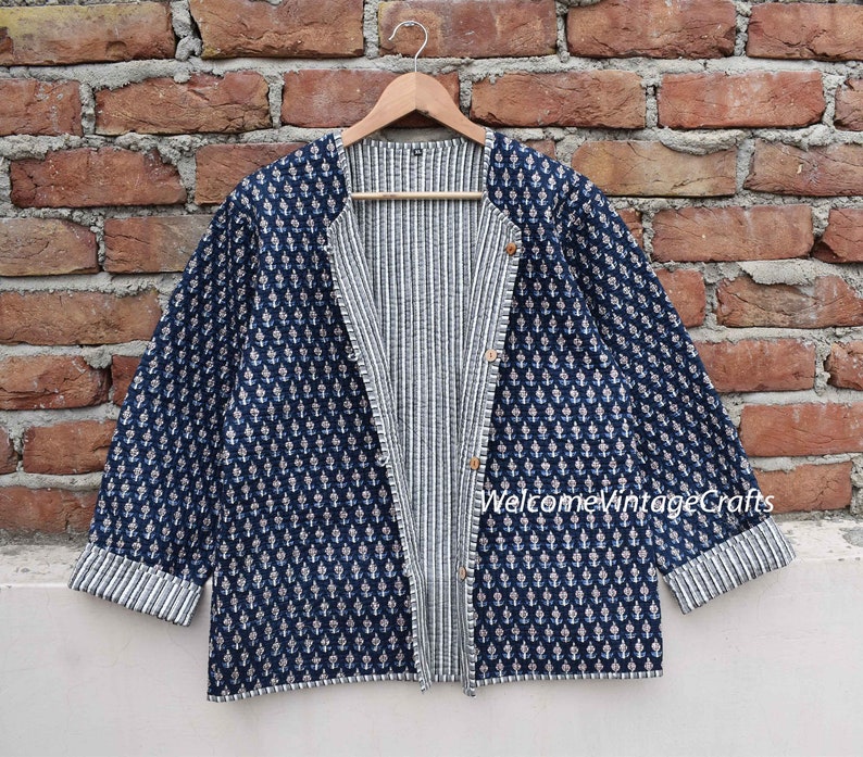 Cotton Quilted Jacket Women Wear Front Open Kimono Stripe piping HandMade Vintage Quilted Jacket , Coats , New Style, Boho double side wear Blue