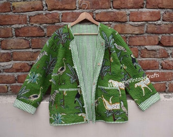 Veste matelassée en coton Les femmes portent un passepoil à rayures kimono ouvert sur le devant Veste matelassée vintage faite à la main, Manteaux, Nouveau style, Boho double usure latérale