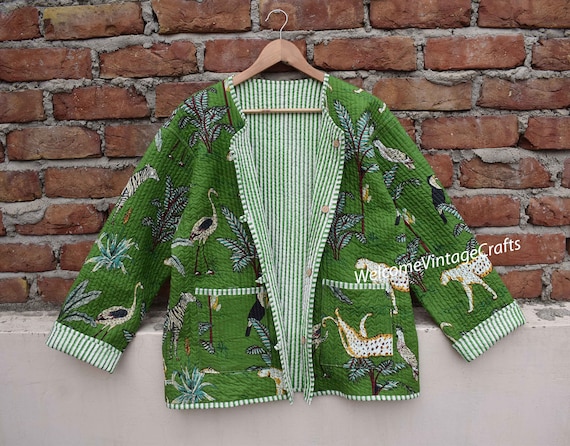 Cotton Quilted Jacket Women Wear Front Open Kimono Stripe Piping