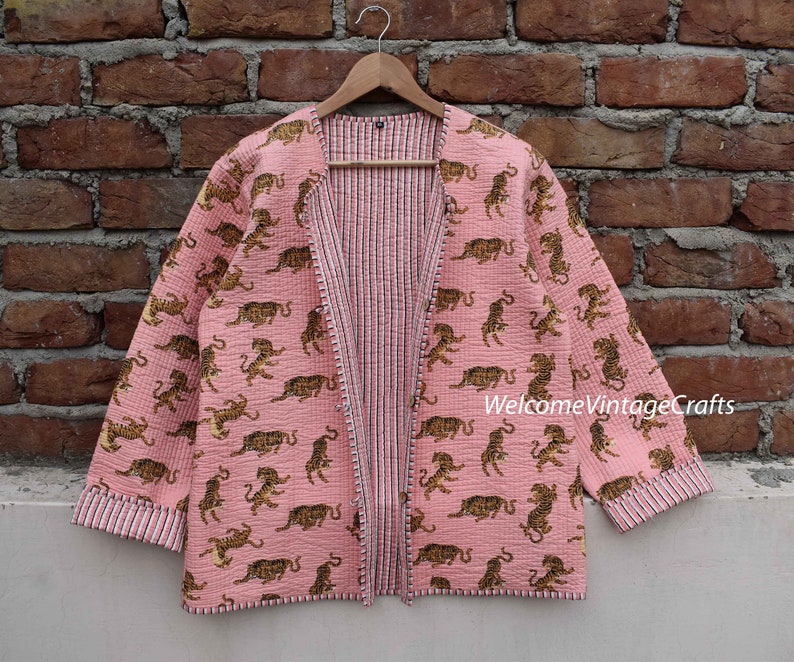 Cotton Quilted Jacket Women Wear Front Open Kimono Stripe piping HandMade Vintage Quilted Jacket , Coats , New Style, Boho double side wear Pink