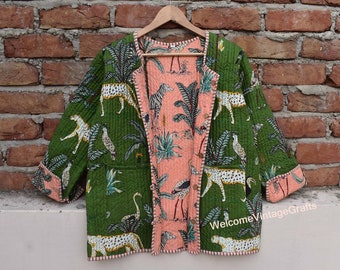 Doppelseitige Baumwoll-Steppjacke Frauen tragen vorne offene Kimono-Streifenpaspel Handgefertigte Vintage-Steppjacke, Mäntel, Boho-Kantha-Mantelbomber