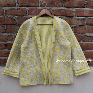 Cotton Quilted Jacket Women Wear Front Open Kimono Stripe piping HandMade Vintage Quilted Jacket , Coats , New Style, Boho double side wear zdjęcie 5