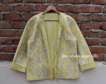 Cotton Quilted Jacket Women Wear Front Open Kimono Stripe piping HandMade Vintage Quilted Jacket , Coats , New Style, Boho double side wear