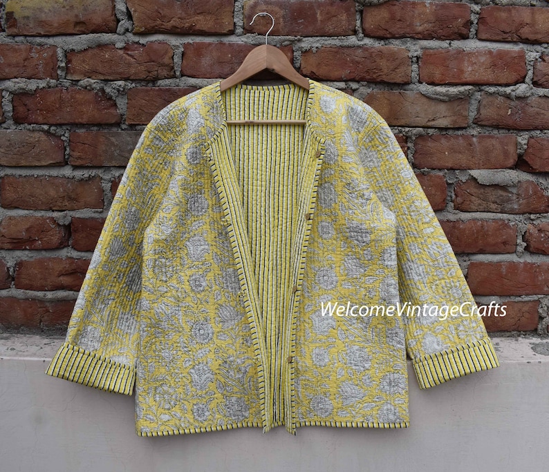 Katoenen gewatteerde jas vrouwen dragen front open kimono streep leidingen handgemaakte vintage gewatteerde jas, jassen, nieuwe stijl, Boho dubbele zijslijtage afbeelding 7