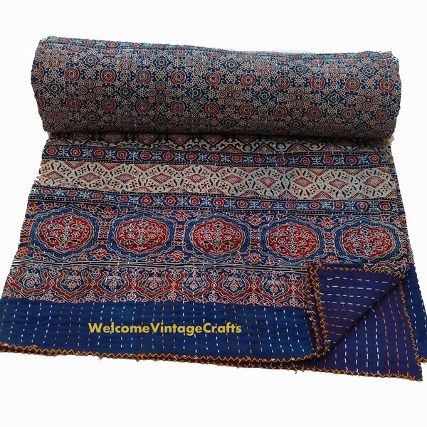 Kantha edredón Handblock King Tamaño acolchado bloque impresión de algodón Kantha Playa Tirar sábana de la cama,kantha manta queen tamaño edredón hoja