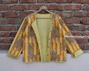 Gelbe Tigerstreifen Baumwoll-Steppjacke Frauen tragen Kimono-Paspeln Handgefertigte Vintage-Steppjacke, Mäntel, neuer Stil, Boho-Doppelseite tragen