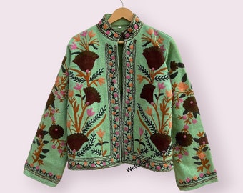 Grüne Suzani-Stickerei-Baumwolljacke-Frauen-Abnutzungs-Front-offene handgemachte Weinlesesommer-Winterjacke, Mäntel, neuer Art, Boho doppelseitige Abnutzung