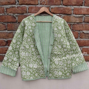 Cotton Quilted Jacket Women Wear Front Open Kimono Stripe piping HandMade Vintage Quilted Jacket , Coats , New Style, Boho double side wear Green