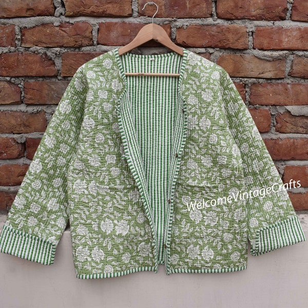 Cotton Quilted Jacket Women Wear Front Open Kimono Stripe piping HandMade Vintage Quilted Jacket , Coats , New Style, Boho double side wear