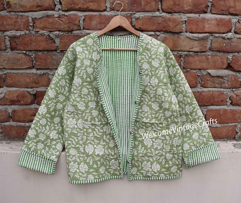 Cotton Quilted Jacket Women Wear Front Open Kimono Stripe piping HandMade Vintage Quilted Jacket , Coats , New Style, Boho double side wear Green