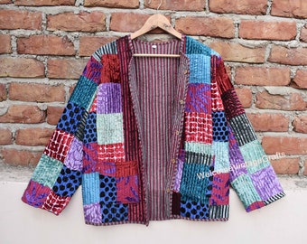 Chaqueta reversible de algodón con interior de terciopelo, manga larga, hecha a mano, estilo bohemio vintage, reversible de doble cara, longitud corta, con lazo frontal abierto