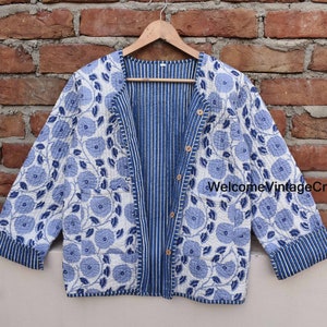 Cotton Quilted Jacket Women Wear Front Open Kimono Stripe piping HandMade Vintage Quilted Jacket , Coats , New Style, Boho double side wear White & blue floral