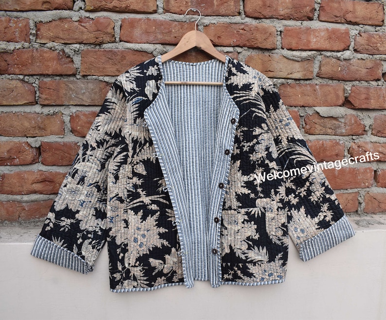 Cotton Quilted Jacket Women Wear Front Open Kimono Stripe piping HandMade Vintage Quilted Jacket , Coats , New Style, Boho double side wear Czarny