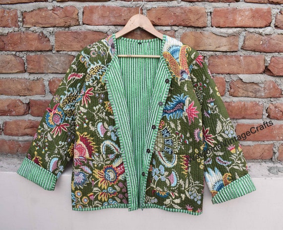 Green Cotton Quilted Jacket Women Wear Front Open Kimono Stripe