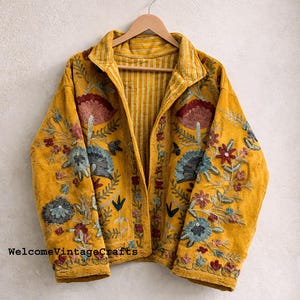 Green Embroidery floral Jackets Velvet inner Cotton Bohemian Style Winter Coat Street wear Bomber Boho Reversible Jacket for Women fashion mustard