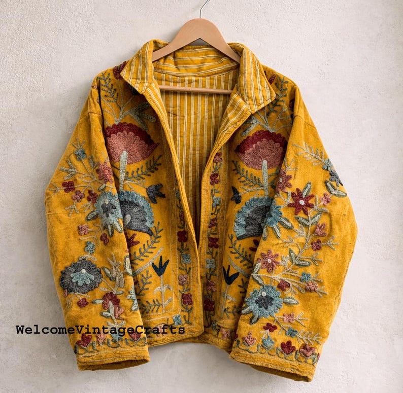 Green Embroidery floral Jackets Velvet inner Cotton Bohemian Style Winter Coat Street wear Bomber Boho Reversible Jacket for Women fashion mustard