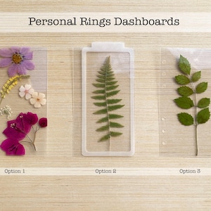 Peut inclure: Trois tableaux de bord en plastique transparent avec différents motifs de fleurs et de feuilles pressées. Le premier tableau de bord présente des fleurs roses et blanches, le second une fougère verte et le troisième une feuille verte. Les tableaux de bord sont étiquetés "Option 1", "Option 2" et "Option 3".