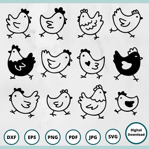 Cute hand drawn chicken SVG, DXF, EPS, PNG, JPG, and PDF files included in this bundle.