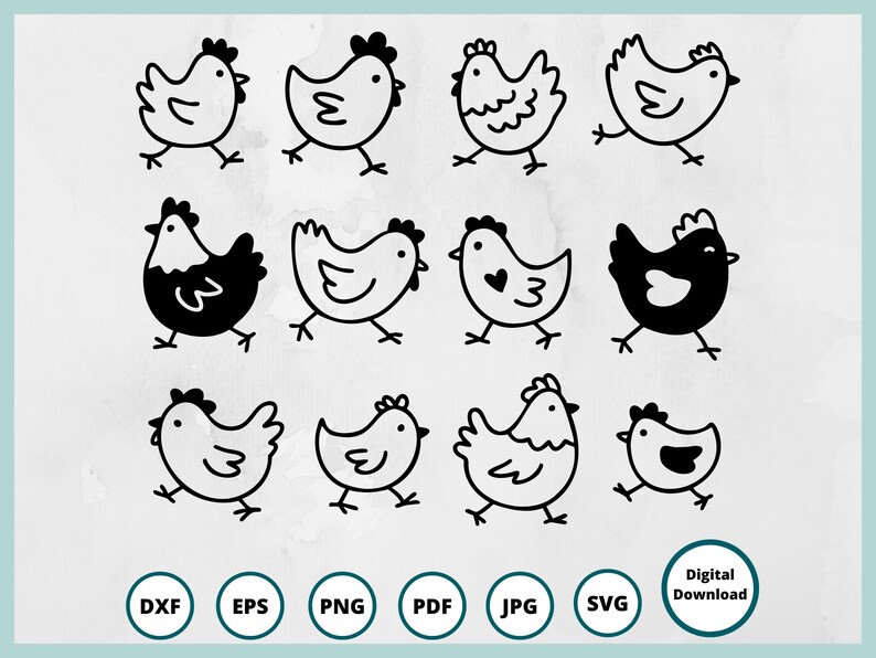 Cute hand drawn chicken SVG, DXF, EPS, PNG, JPG, and PDF files included in this bundle.
