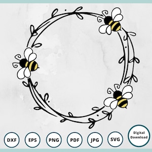 May include: Black and white wreath with three yellow and black bees. The wreath is made of vines and leaves.