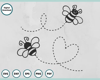 May include: Two black and white cartoon bees flying in opposite directions. The bee on the left is flying in a heart shape, while the bee on the right is flying in a circle.