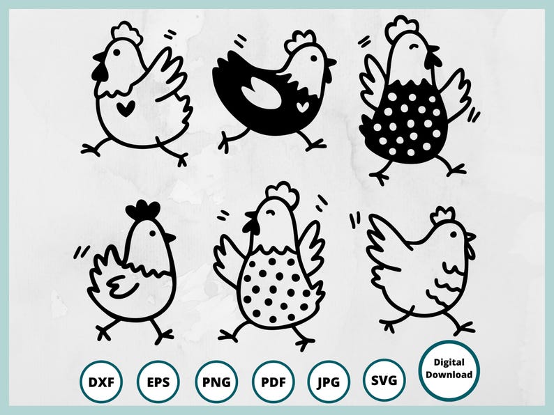 May include: Set of six black and white chicken illustrations. The chickens are in various poses, including walking, standing, and looking to the side. The illustrations are in a simple, cartoon style.