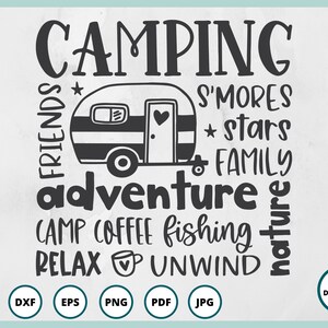 May include: Black and white graphic design with the text "CAMPING" in large letters. The design features a camper van, stars, and the words "FRIENDS", "S'MORES", "FAMILY", "adventure", "CAMP COFFEE", "fishing", "RELAX", "UNWIND", and "nature".