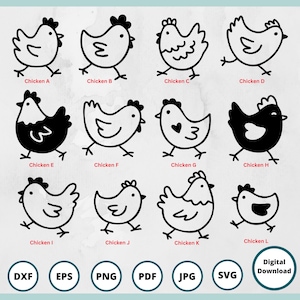 Cute hand drawn chicken SVG, DXF, EPS, PNG, JPG, and PDF files included in this bundle.