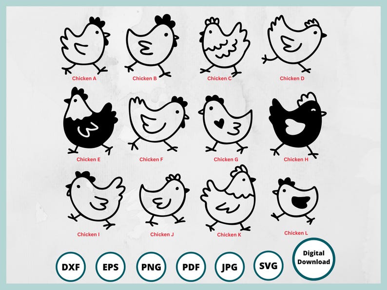 Cute hand drawn chicken SVG, DXF, EPS, PNG, JPG, and PDF files included in this bundle.