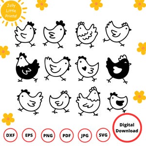Cute hand drawn chicken SVG, DXF, EPS, PNG, JPG, and PDF files included in this bundle.