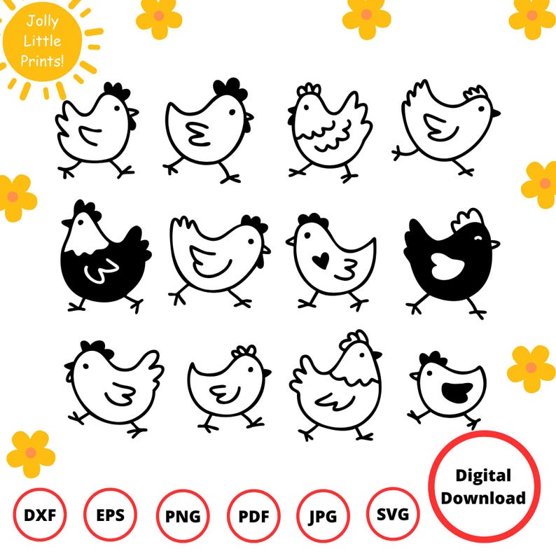 Cute hand drawn chicken SVG, DXF, EPS, PNG, JPG, and PDF files included in this bundle.