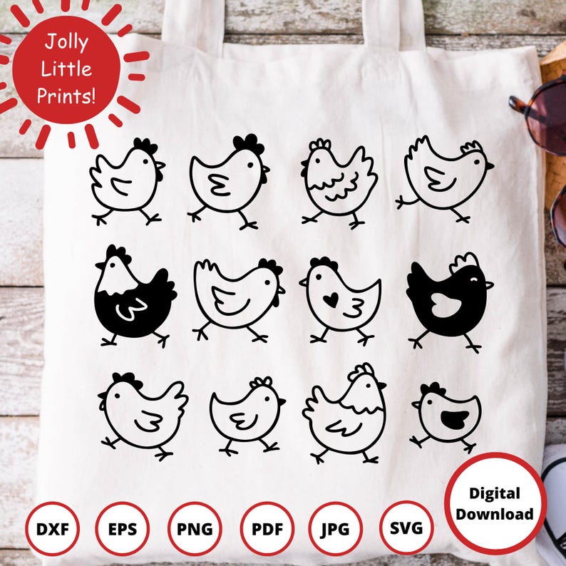 Cute hand drawn chicken SVG, DXF, EPS, PNG, JPG, and PDF files included in this bundle.