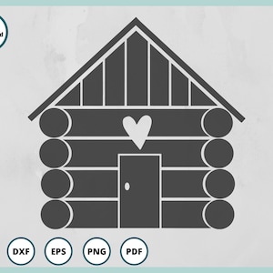 Pode incluir: Uma silhueta cinza de uma cabana de madeira com um cora&ccedil;&atilde;o acima da porta. A cabana tem um design simples com um telhado triangular e uma porta retangular.