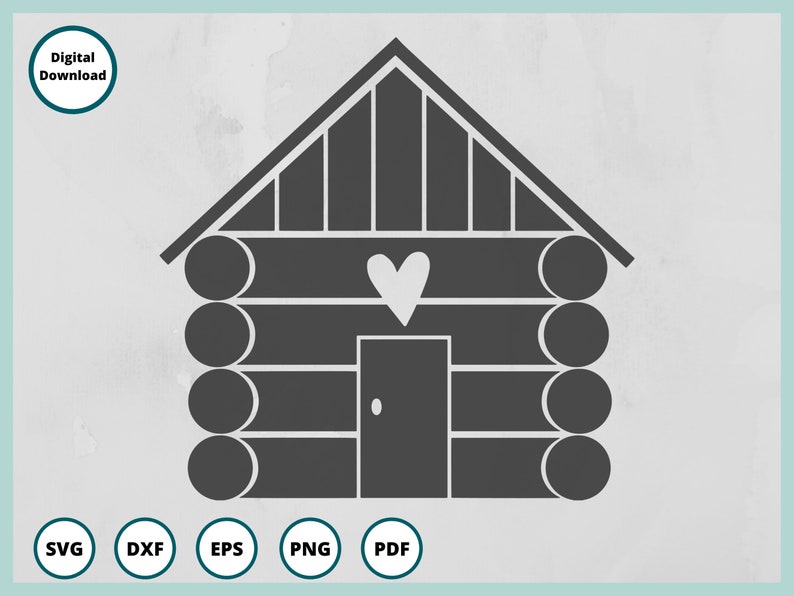 Pode incluir: Uma silhueta cinza de uma cabana de madeira com um cora&ccedil;&atilde;o acima da porta. A cabana tem um design simples com um telhado triangular e uma porta retangular.