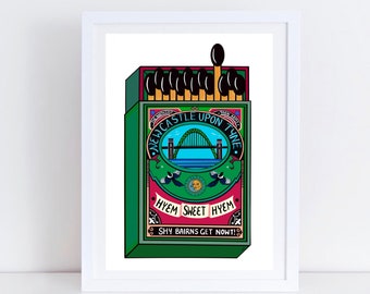 Vintage Newcastle Tyne Bridge Hyem Sweet Hyem. 3rd Edition. Gem Inspired Colours. Geordie Art Print by Sofia Barton.  Limited Run