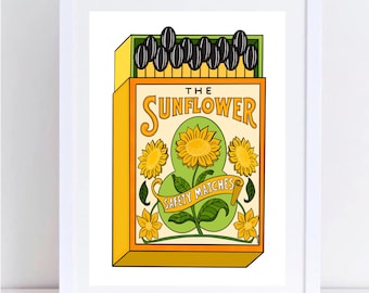 Sunflower Sunny Spring Summer Matchbox Print by Sofia Barton.Vintage. Gardening. From A4.