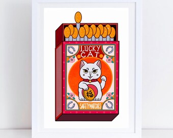 Lucky Cat Fortune Matchbox Print by Sofia Barton. Premium print comes signed and dated